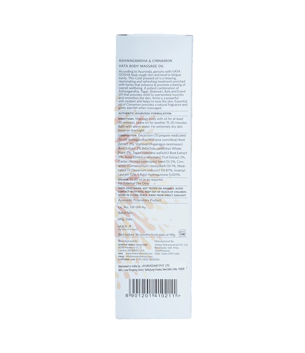 Mantra Herbal Ashwagandha And Cinnamon Vata Body Massage Oil Faasha