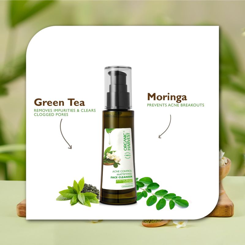 Organic Harvest Acne Control Mattifying Face Cleanser: Green Tea, Moringa & Aloe Vera-(100ml) - Image 3